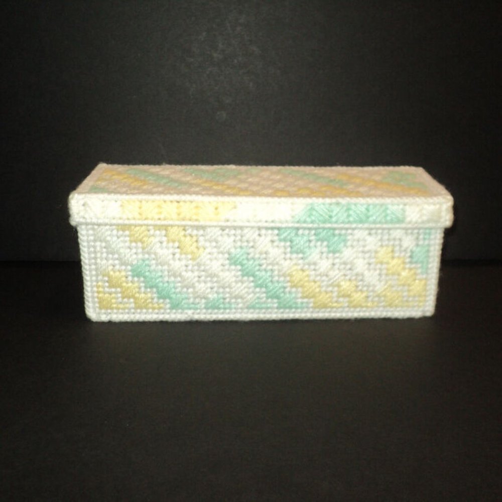 Handmade Trinket Box Needlepoint White, Yellow, Mint Green 9 1/4 x 3 1/4 Vintage